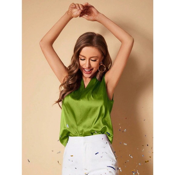 Rust orange Solid V Neck Satin sleeveless Blouse - Picture 8 of 12